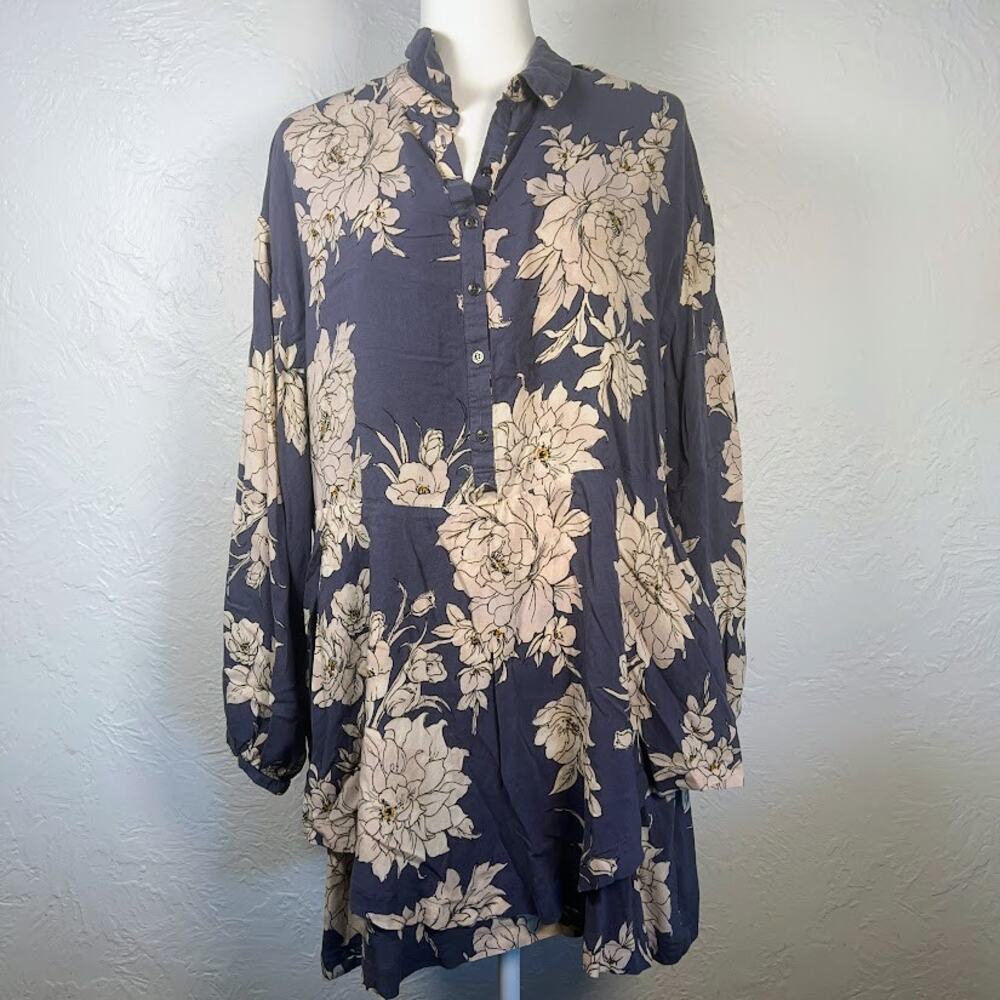 Free People Shake It Marine Blue Mini Floral Shirtdress Sz M Pockets No Belt